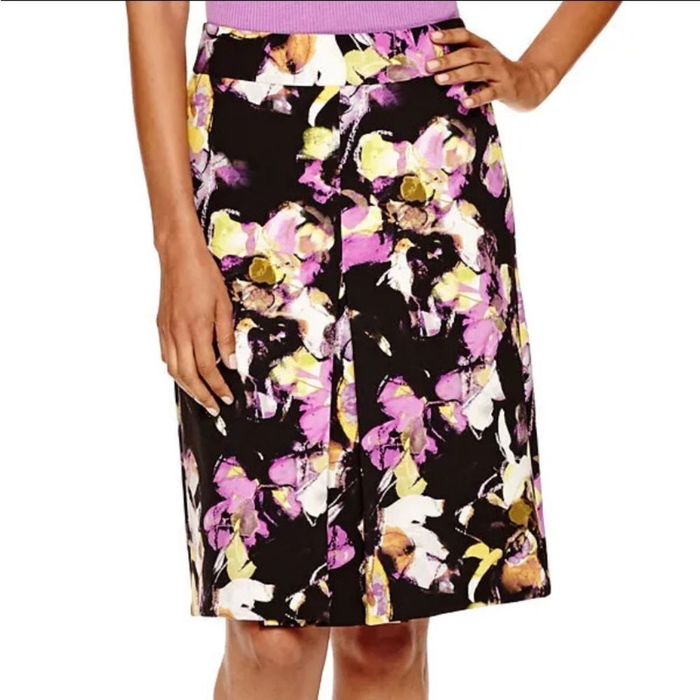 Liz Claiborne Black Floral Inverted Pleated Pockets Skirt 10 Tall Lined Side Zip